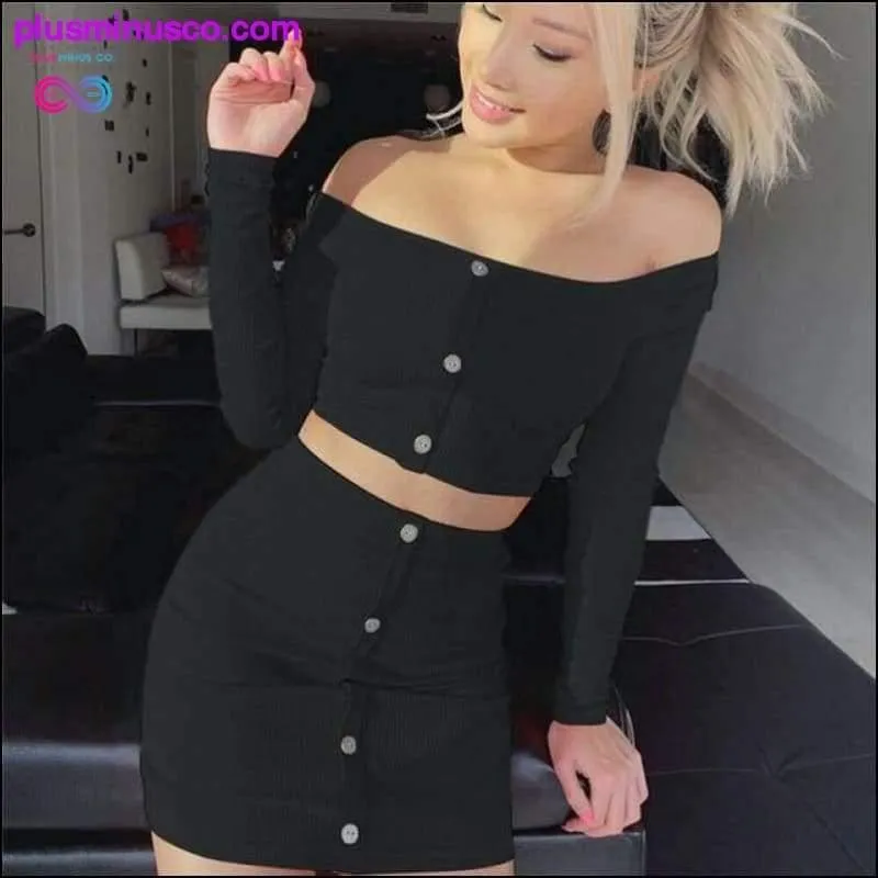 2020 Sexy Off Shoulder Two Piece Set Solid Button Bodycon 2