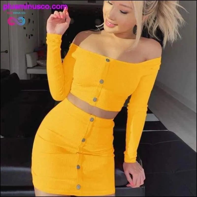 2020 Sexy Off Shoulder Two Piece Set Solid Button Bodycon 2