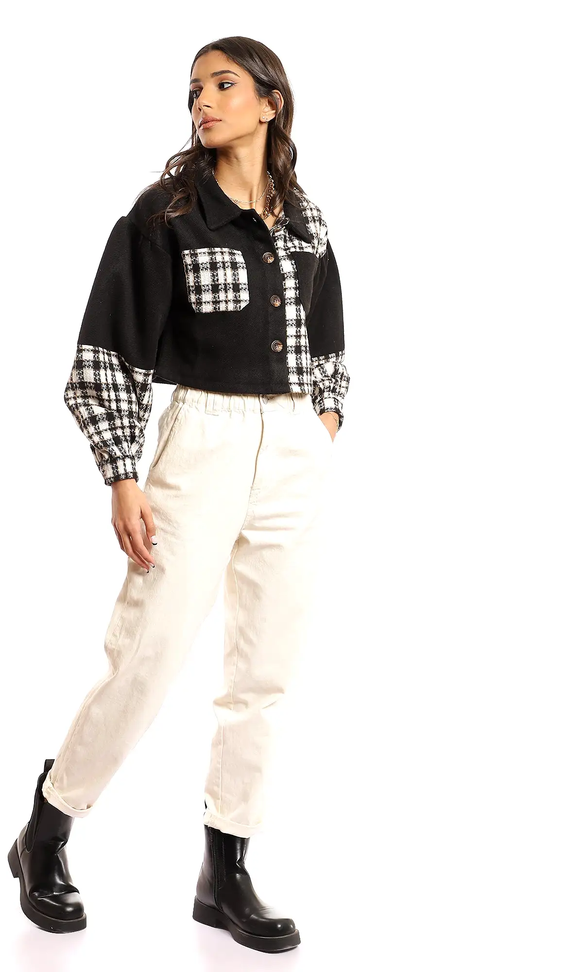 95898 Wool Chest Pockets Cropped Jacket - Black & Off White