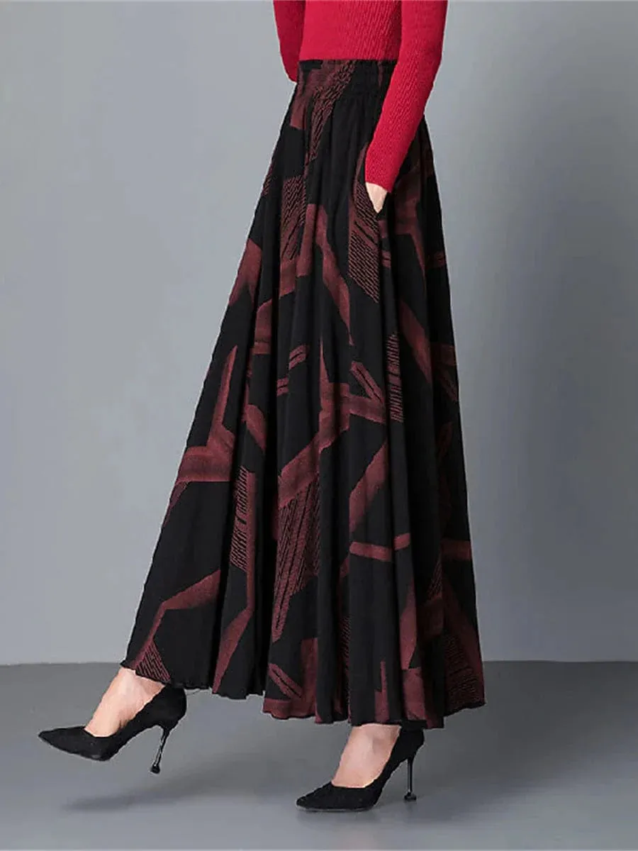 A Line Maxi Skirt for Women in Black, Yellow, and Red with Pleated Print and Pockets