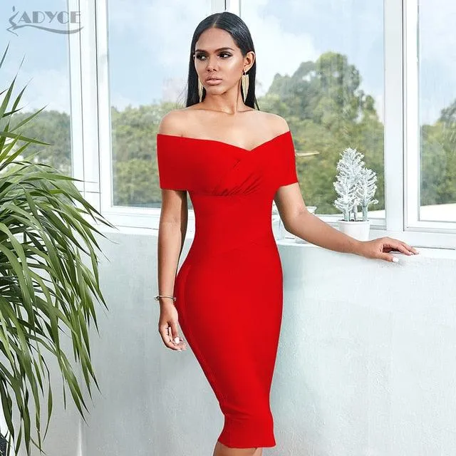 ADYCE Sexy V-Neck Short Sleeve Bodycon Midi Party Dress