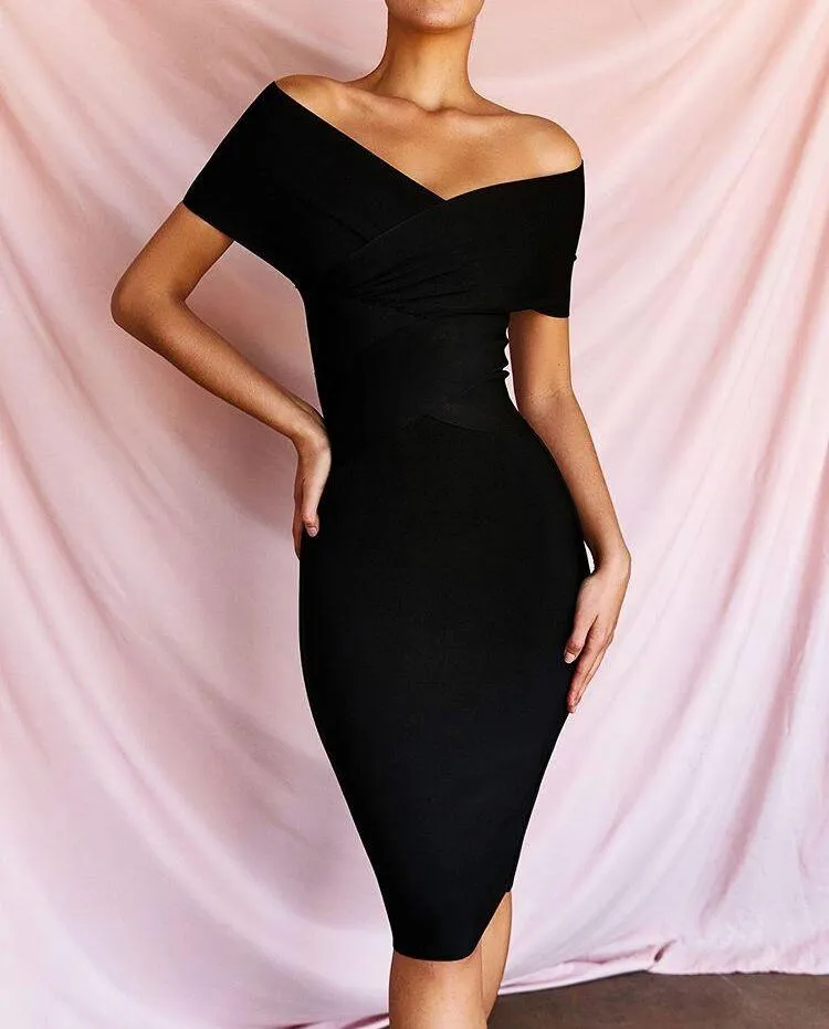 ADYCE Sexy V-Neck Short Sleeve Bodycon Midi Party Dress