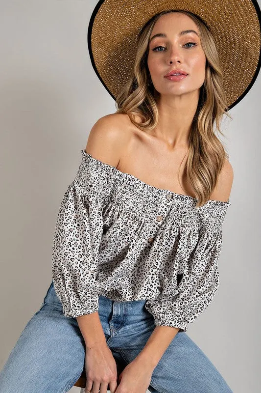 ANIMAL PRINT SMOCKED OFF THE SHOULDER TOP