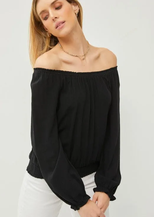 Black Smocked Off The Shoulder Top