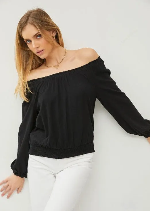 Black Smocked Off The Shoulder Top