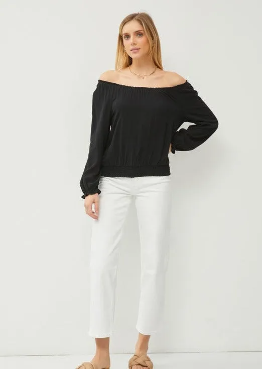 Black Smocked Off The Shoulder Top