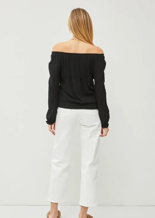 Black Smocked Off The Shoulder Top