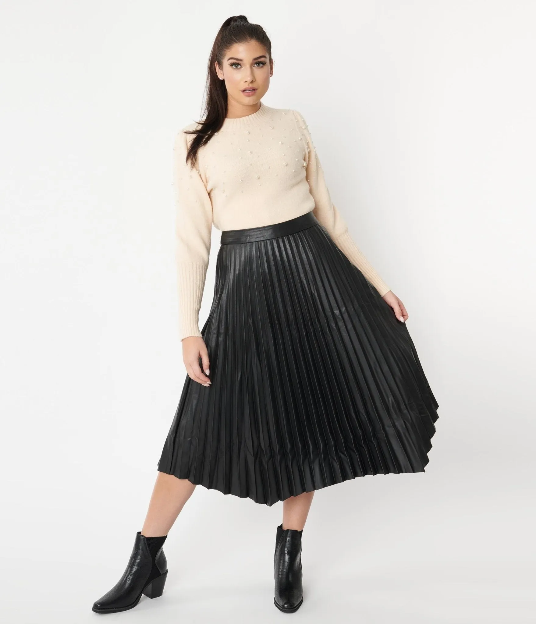 Black Vegan Leather Pleated Midi Skirt