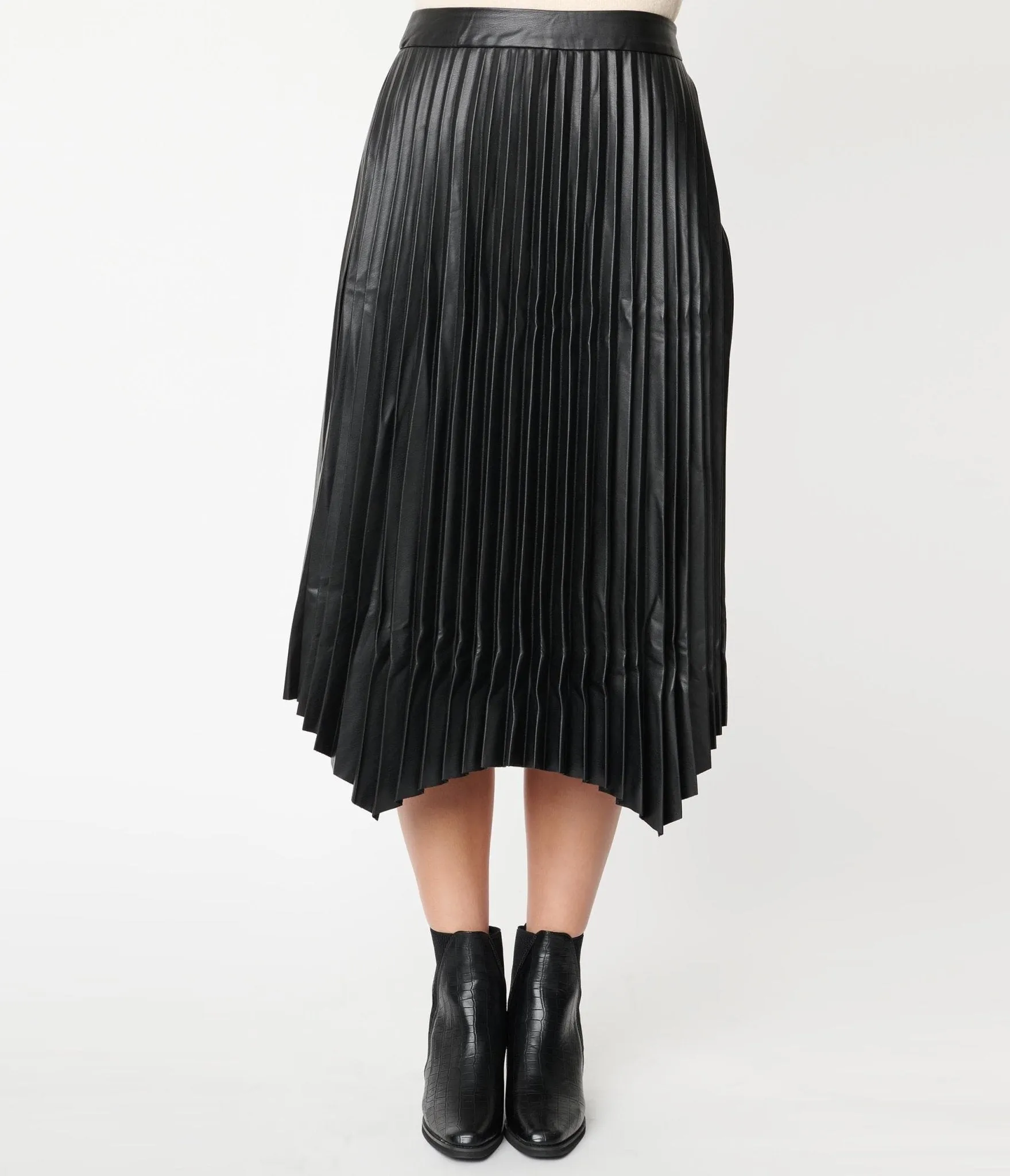 Black Vegan Leather Pleated Midi Skirt