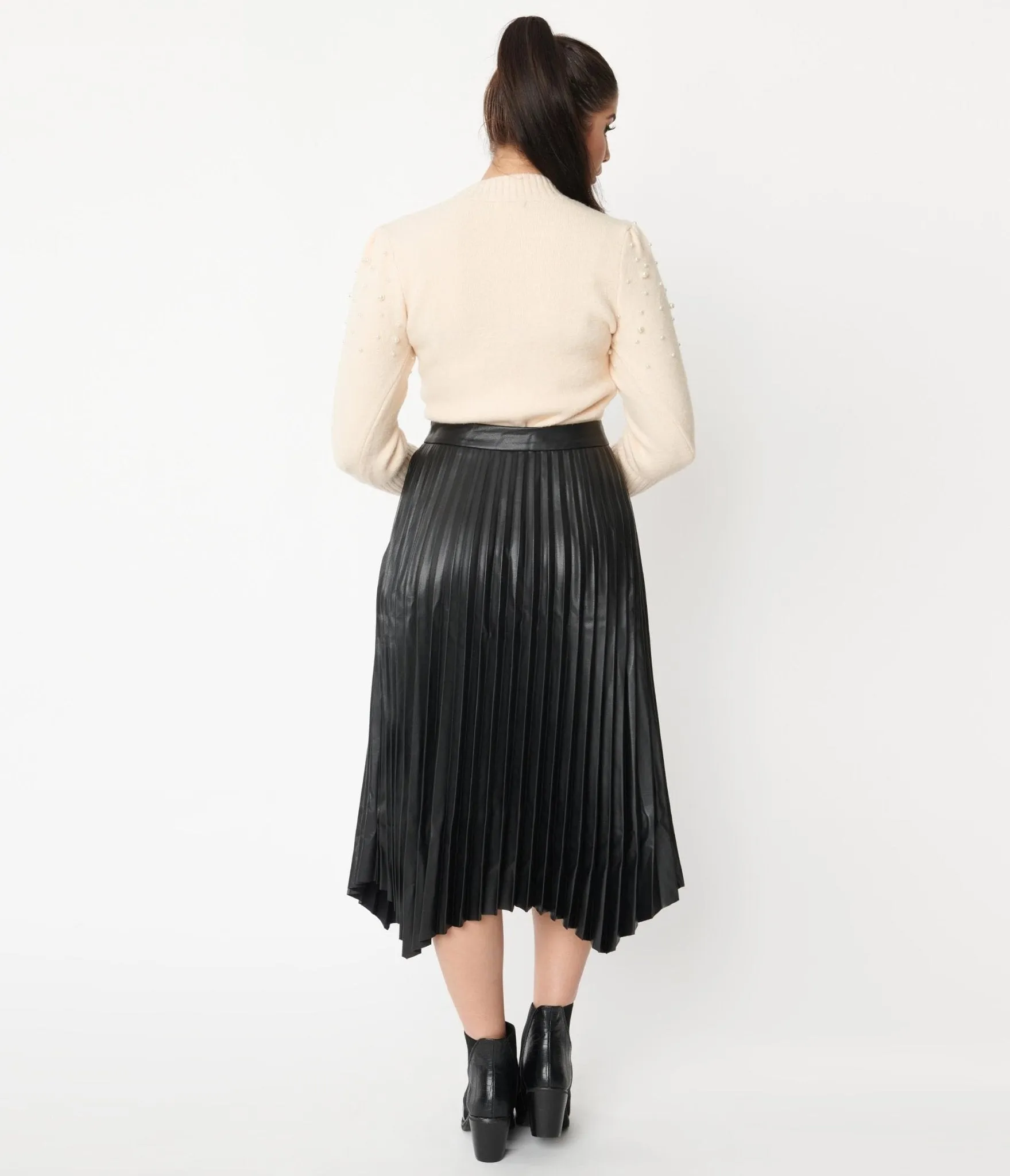 Black Vegan Leather Pleated Midi Skirt