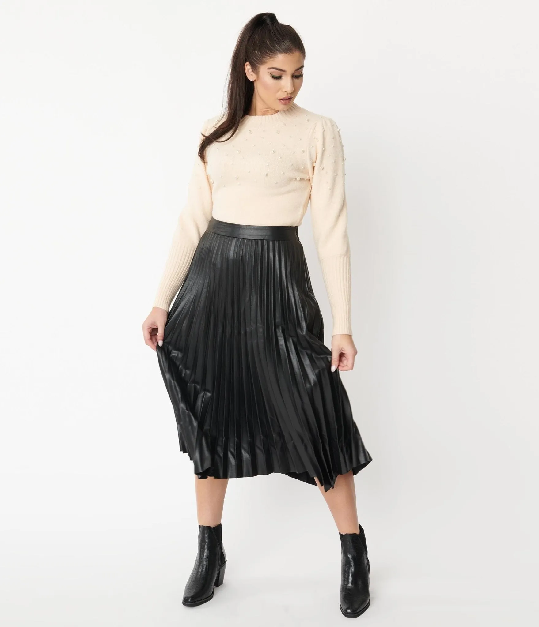 Black Vegan Leather Pleated Midi Skirt