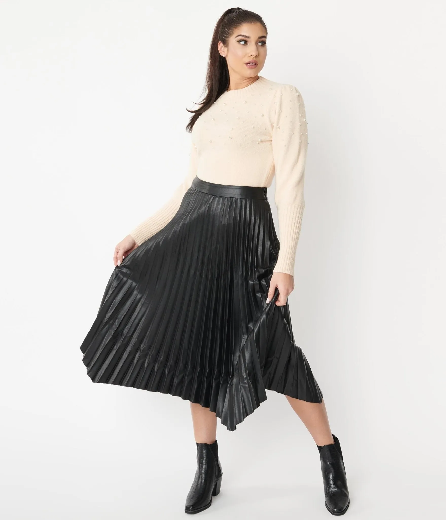 Black Vegan Leather Pleated Midi Skirt