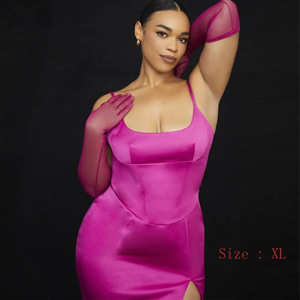 Bodycon Satin Party Sexy Spaghetti Strap Elegant Midi Dress With Slit