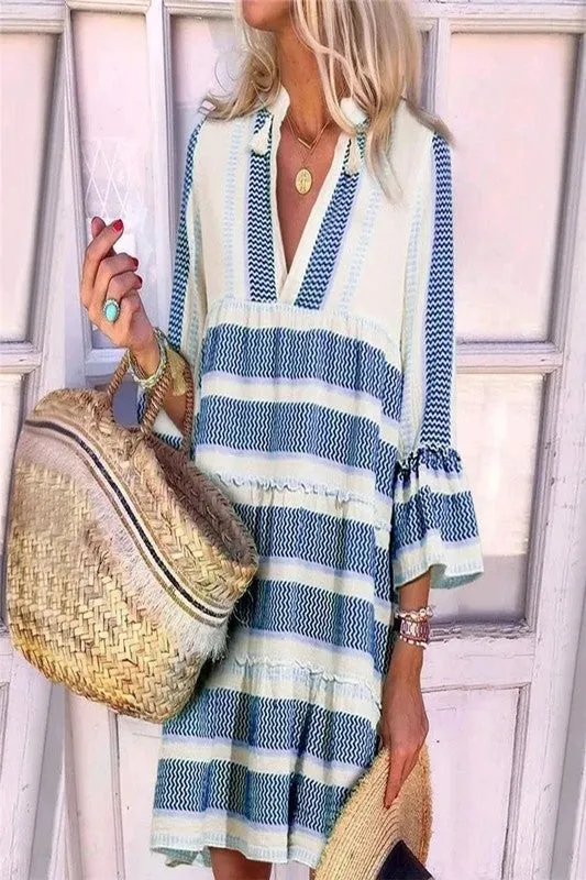 Boho Stripe Bell Sleeve Flowy Shift Dress