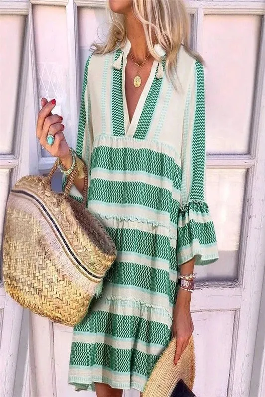 Boho Stripe Bell Sleeve Flowy Shift Dress