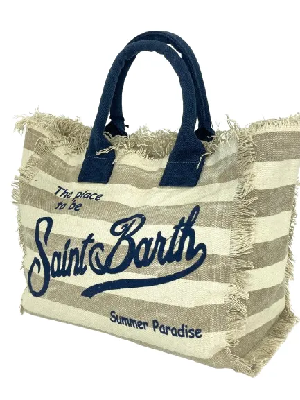 BORSA A RIGHE BEIGE IN CANVAS CON LOGO BLU