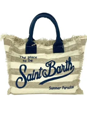 BORSA A RIGHE BEIGE IN CANVAS CON LOGO BLU