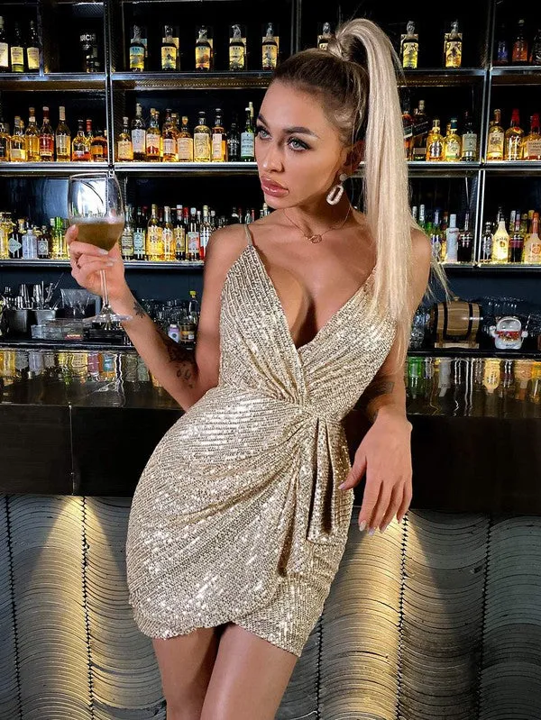 Ce Neck Asymmetrical Hem Sequin Cami Bodycon Dress