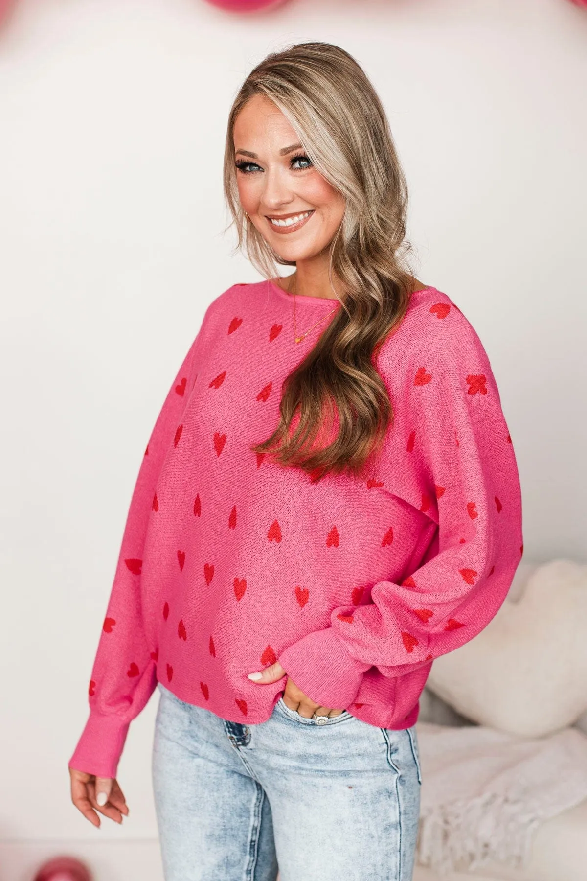 Charming Moments Heart Knit Sweater- Pink