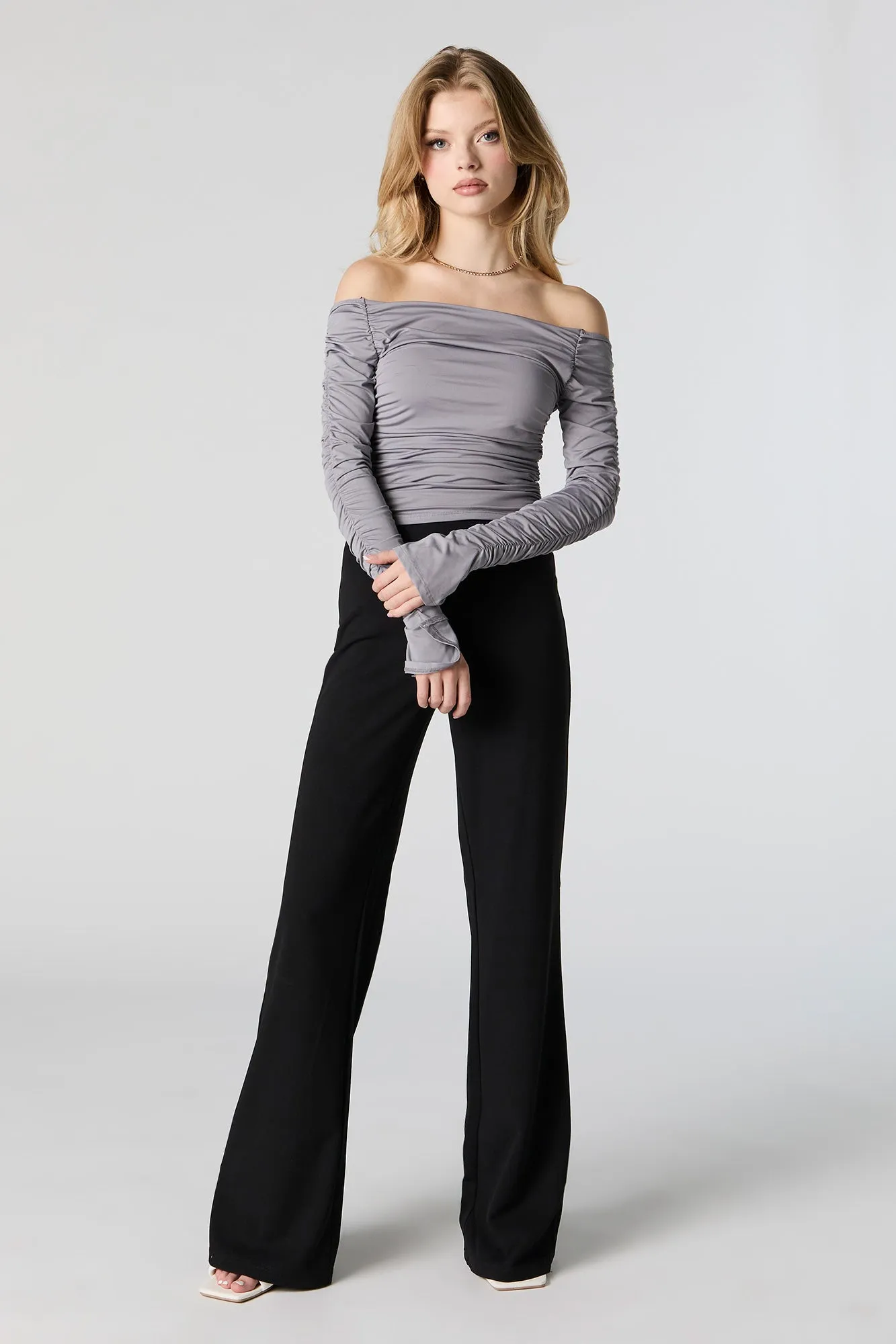 Contour Ruched Off Shoulder Long Sleeve Top