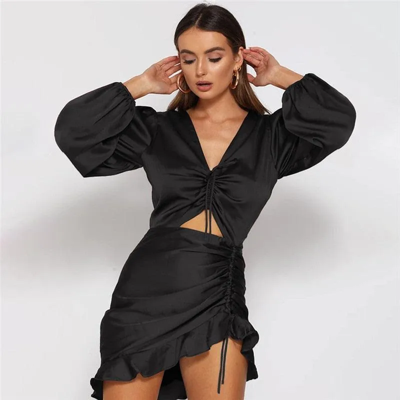 Deep V-neck Party Satin Lace Up Ruffles Holow Out Ruched Dress