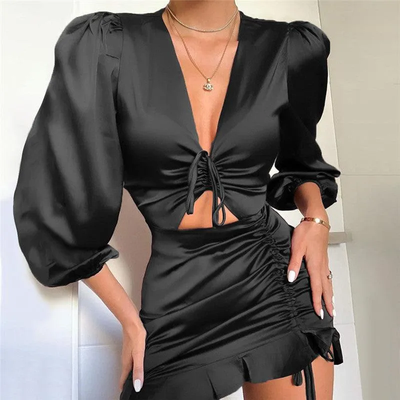 Deep V-neck Party Satin Lace Up Ruffles Holow Out Ruched Dress