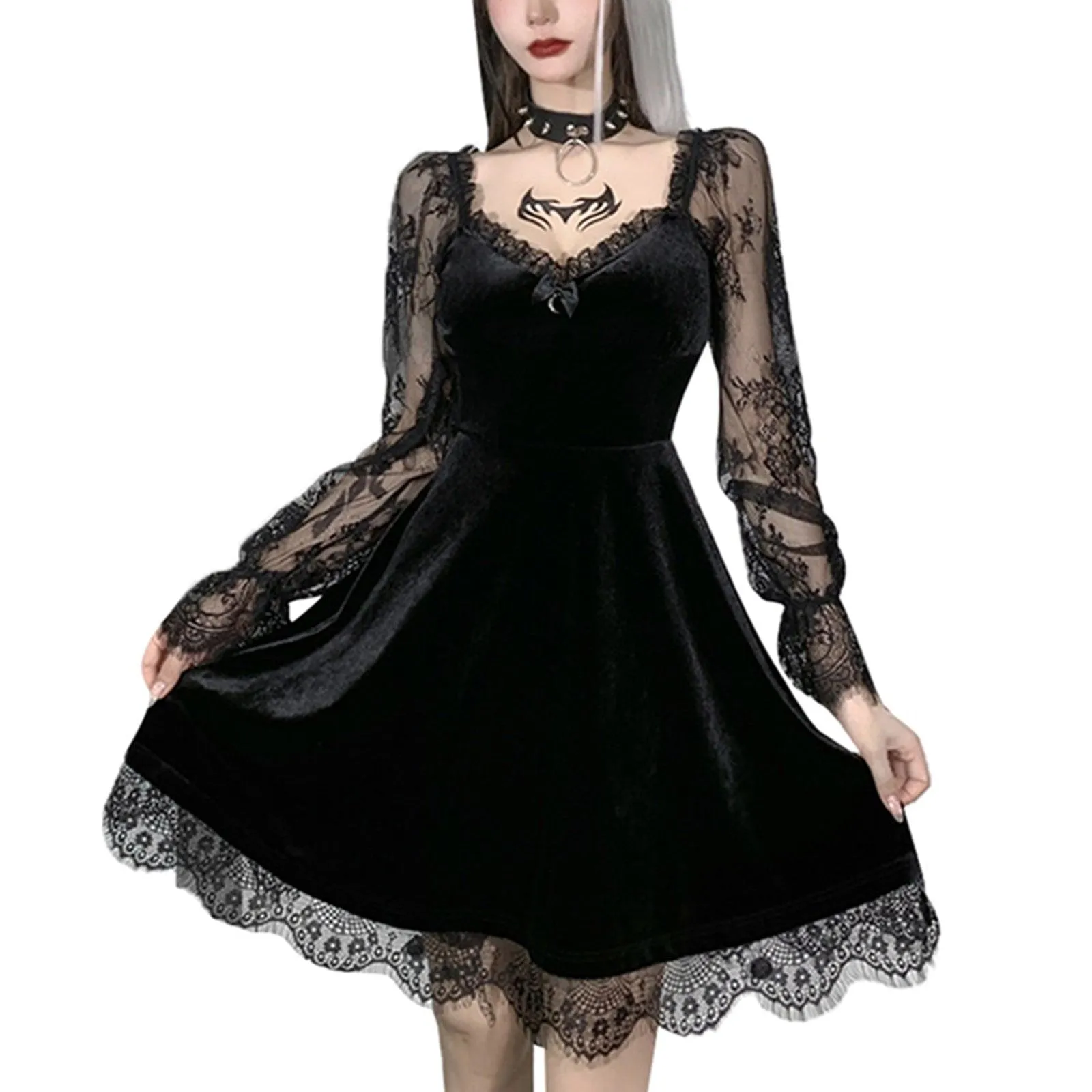 E-girl Gothic Mini Lace Trim High Waist Bodycon Dress