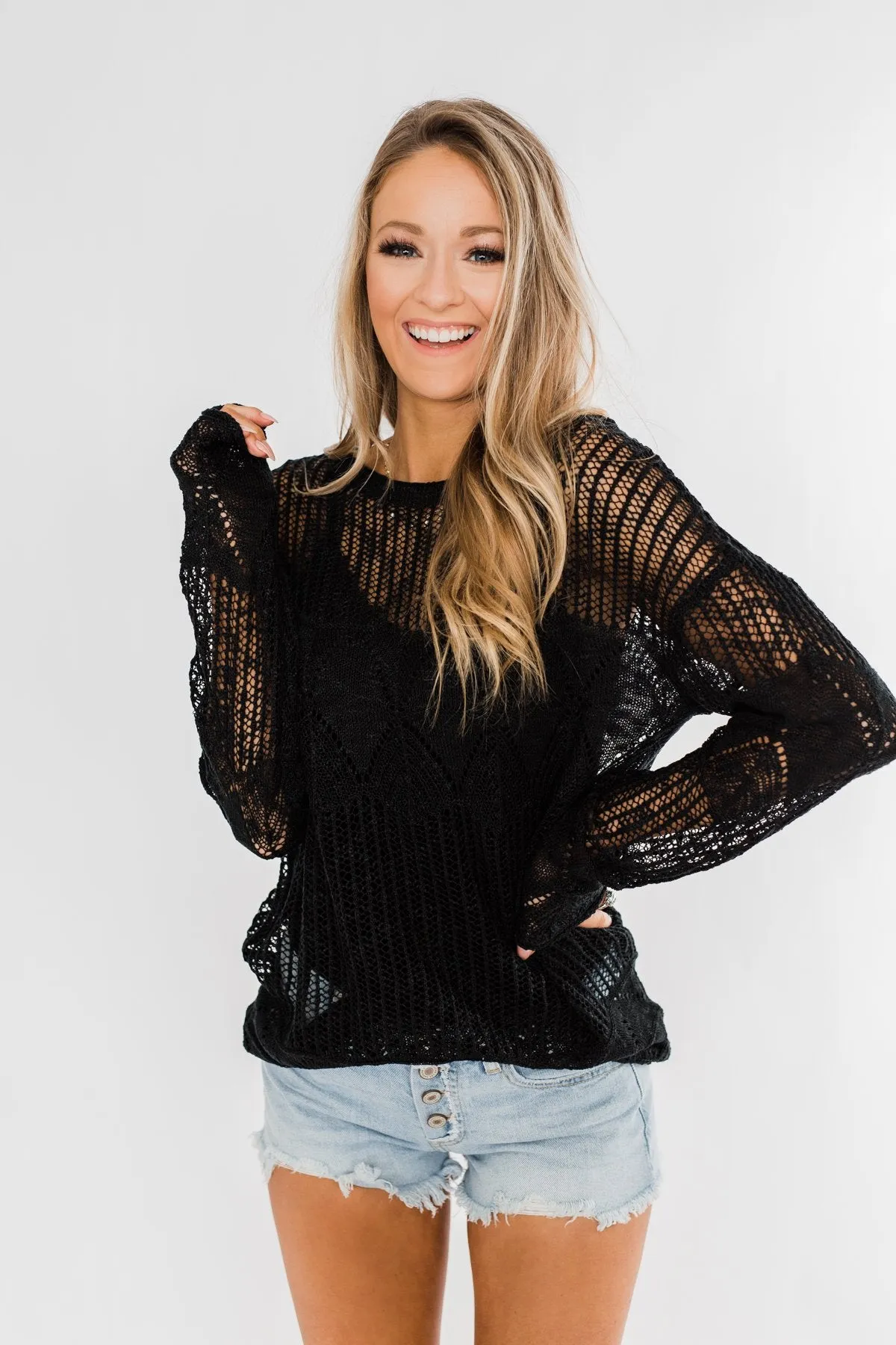 Effortless Smiles Open Knit Sweater- Black