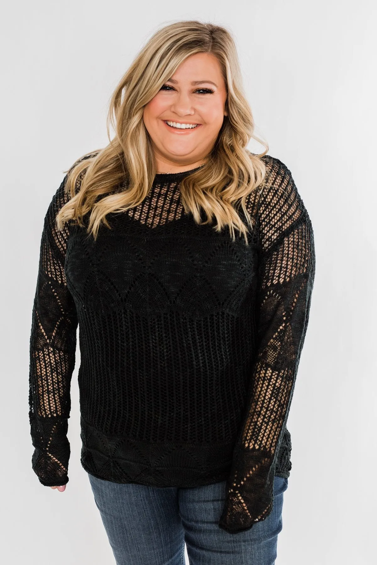 Effortless Smiles Open Knit Sweater- Black