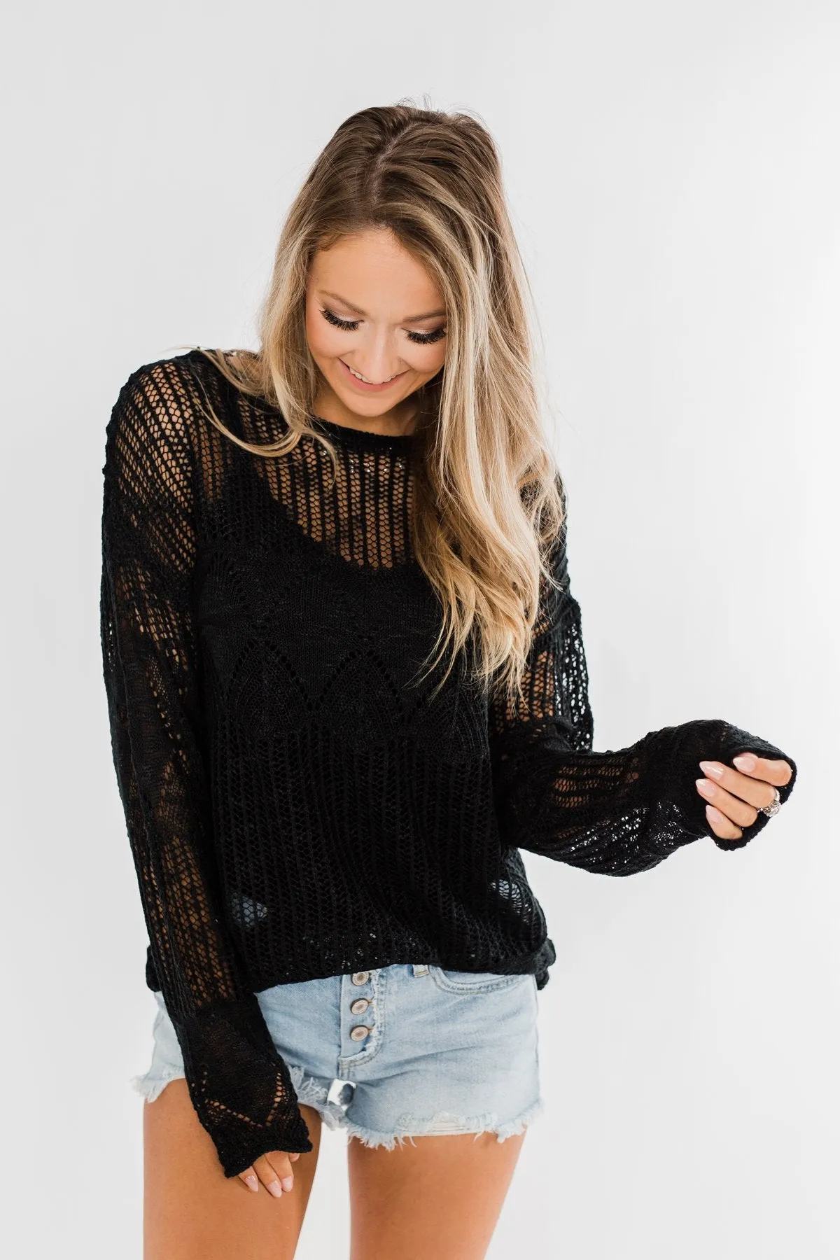 Effortless Smiles Open Knit Sweater- Black