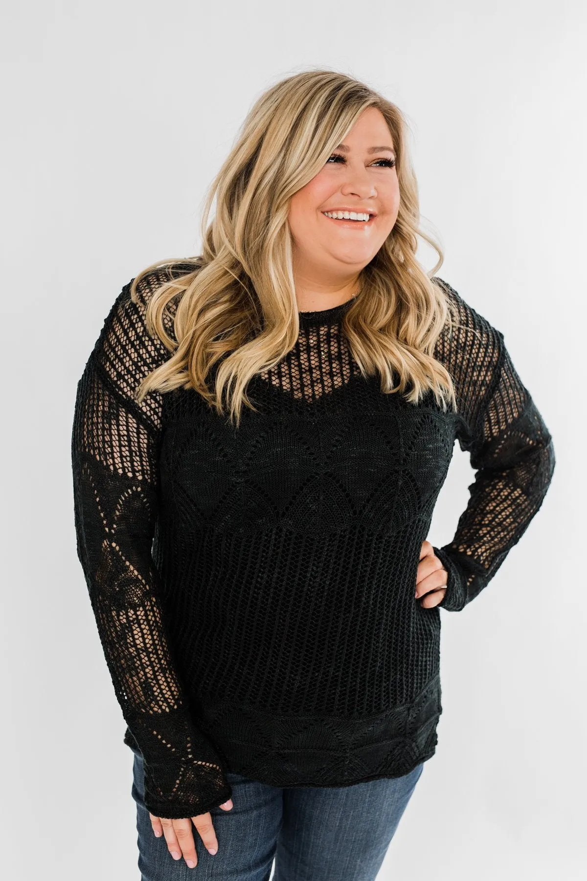 Effortless Smiles Open Knit Sweater- Black