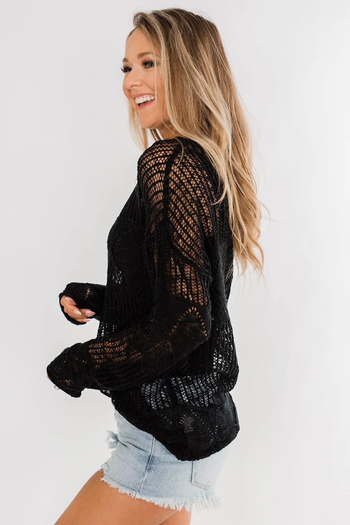 Effortless Smiles Open Knit Sweater- Black