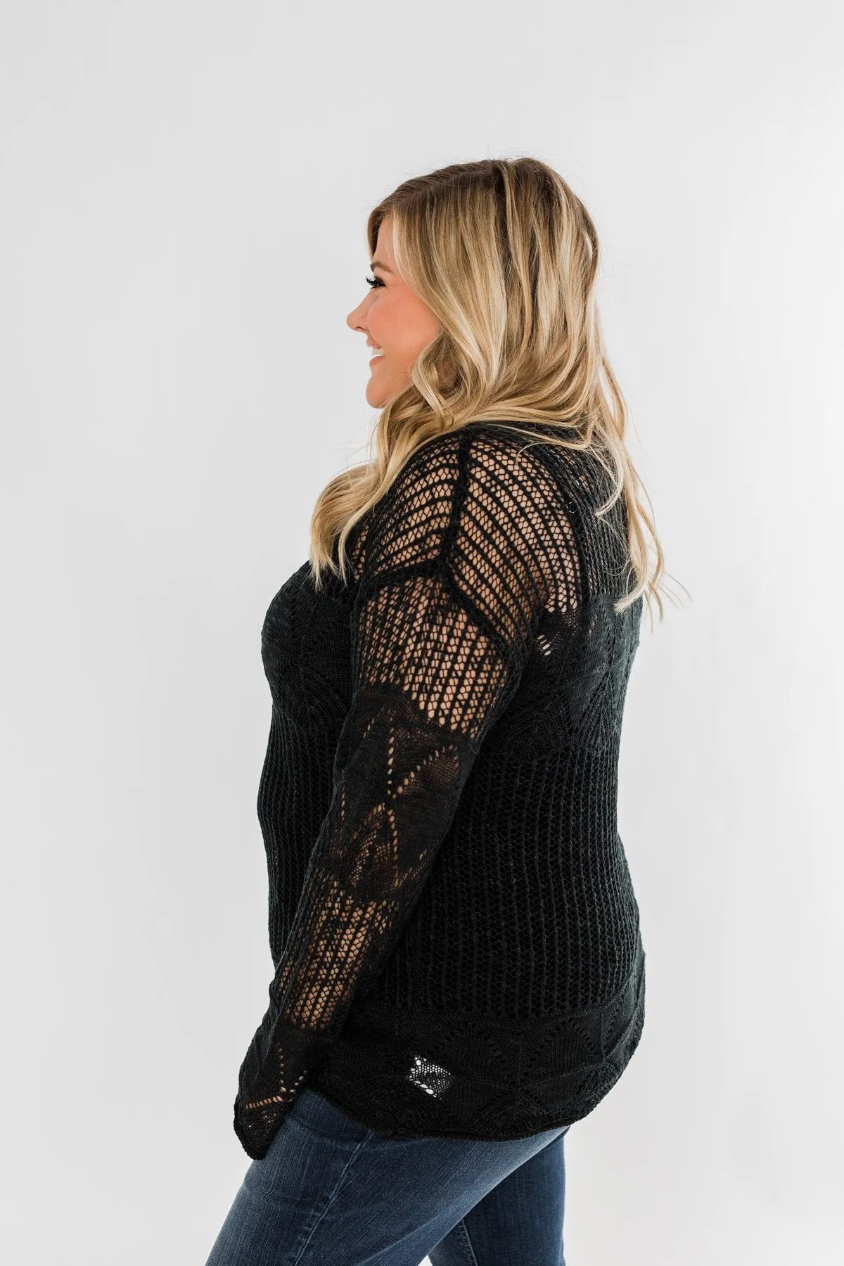 Effortless Smiles Open Knit Sweater- Black