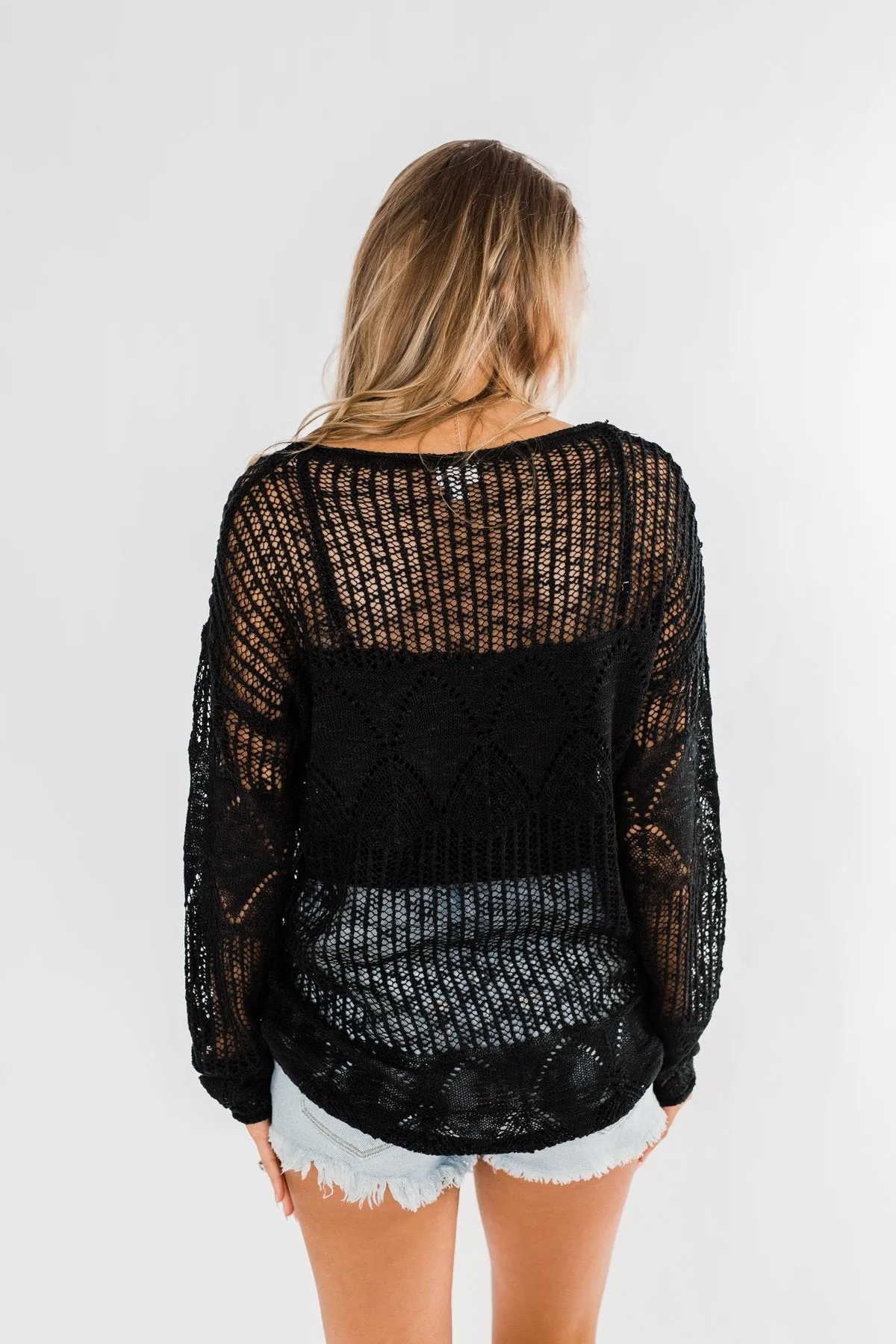 Effortless Smiles Open Knit Sweater- Black