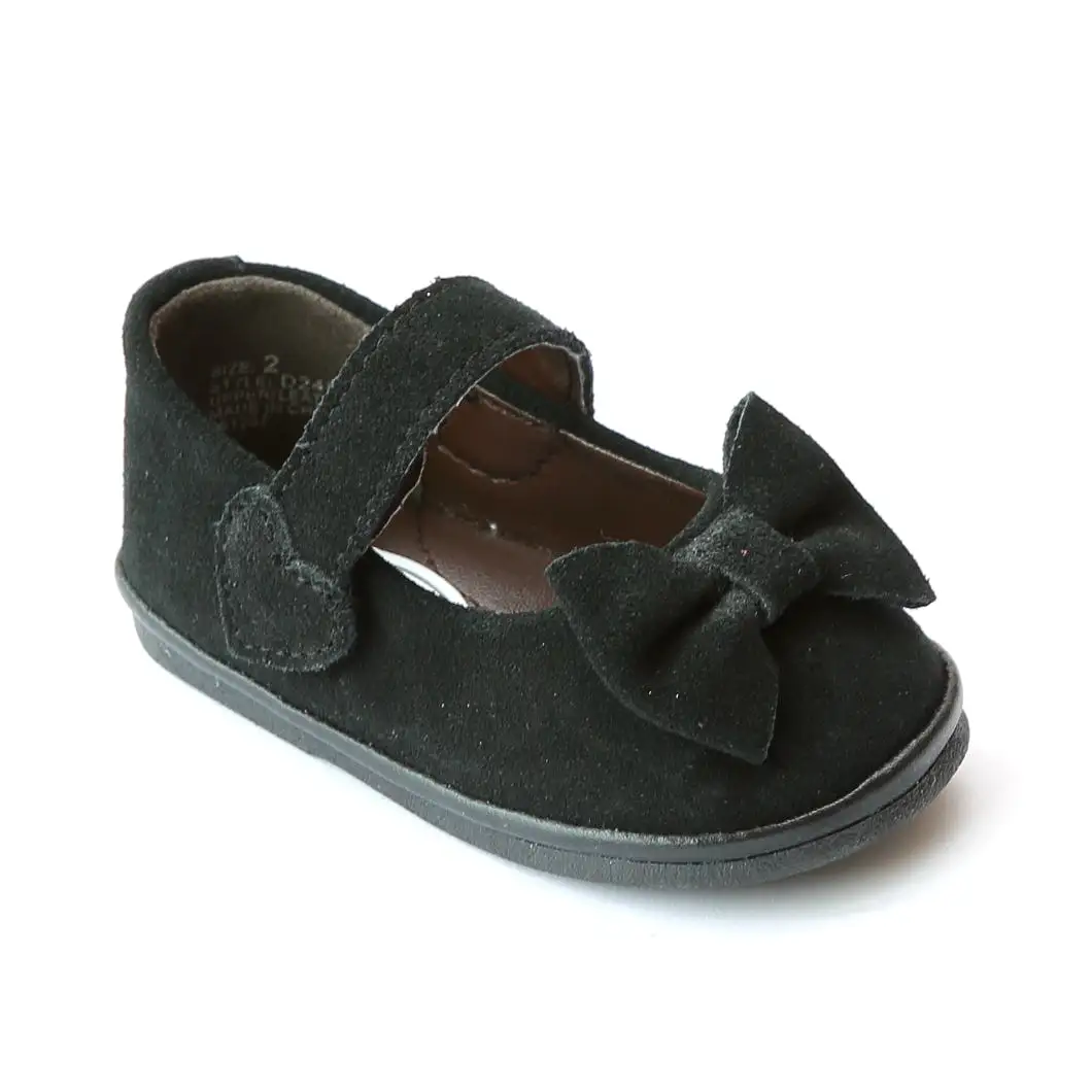 FINAL SALE - Angel Baby Girls Black Nubuck Leather Bow Mary Janes