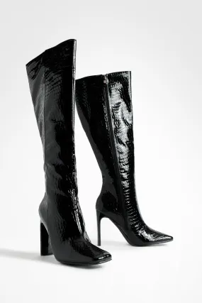 Flat Heel Metallic Croc Knee High Boots