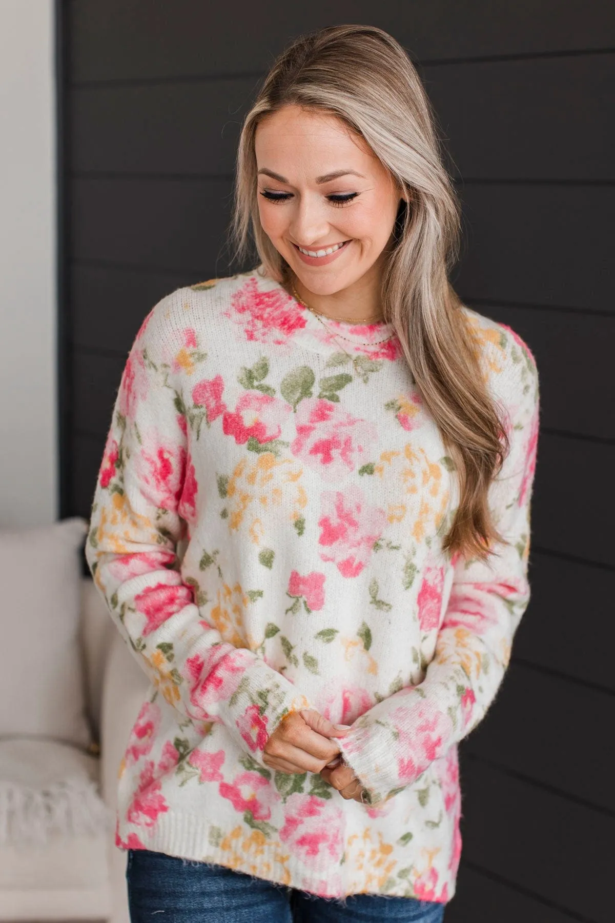 Fond Moments Knit Sweater- Pink Floral