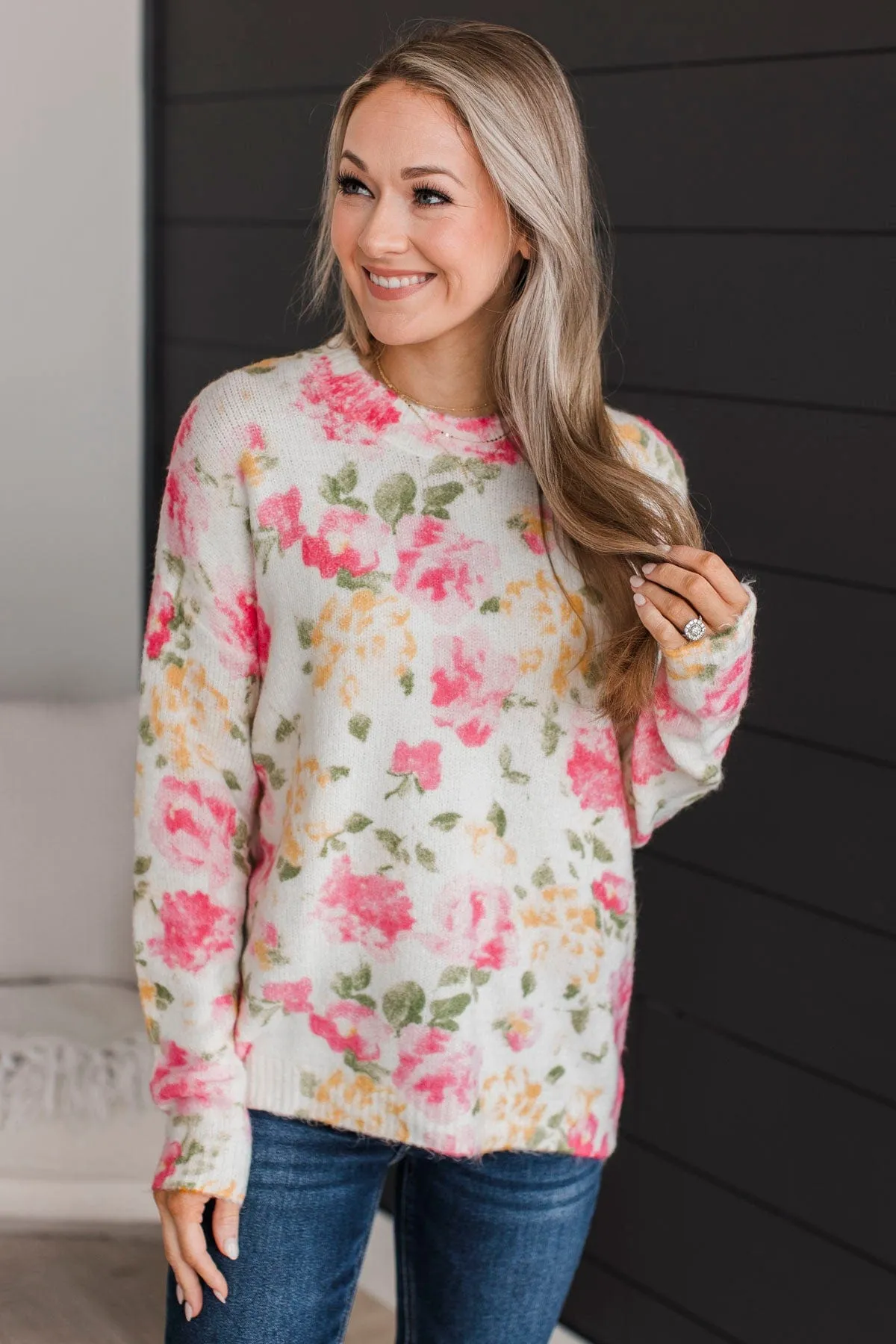 Fond Moments Knit Sweater- Pink Floral