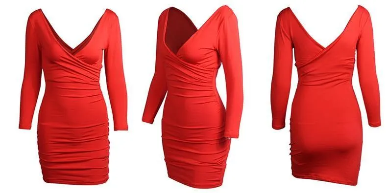 Forefair Solid Low Neck Bodycon Dress With Long Sleeves