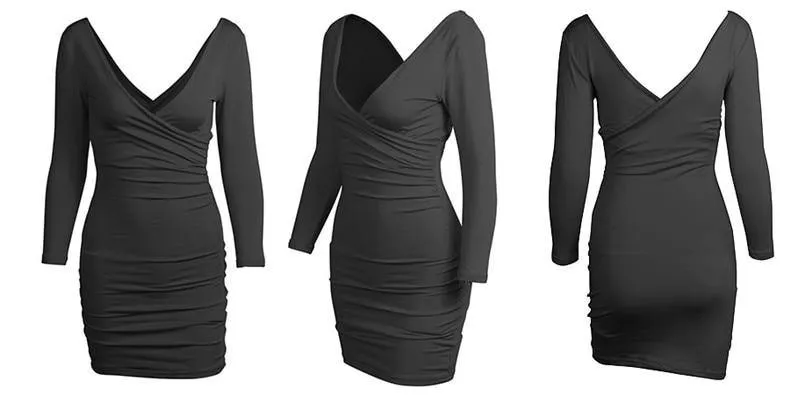 Forefair Solid Low Neck Bodycon Dress With Long Sleeves