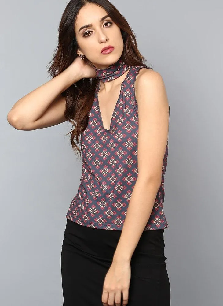 Geometric Printed Choker Detail Top