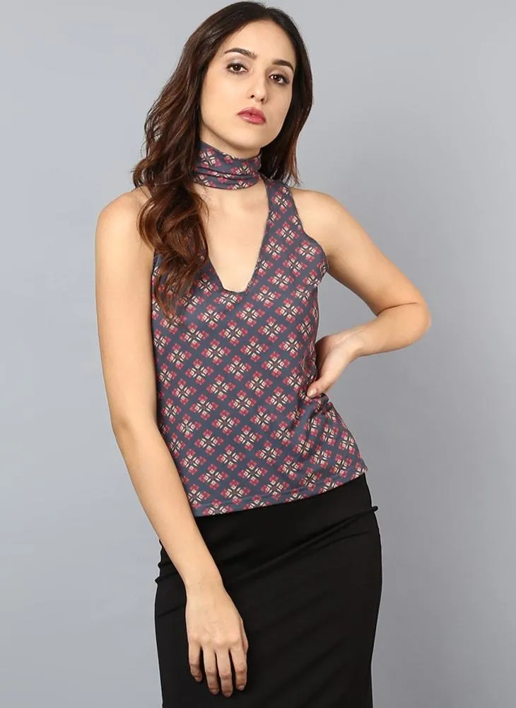 Geometric Printed Choker Detail Top