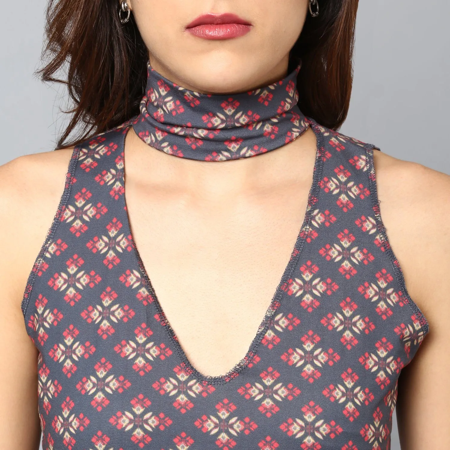 Geometric Printed Choker Detail Top