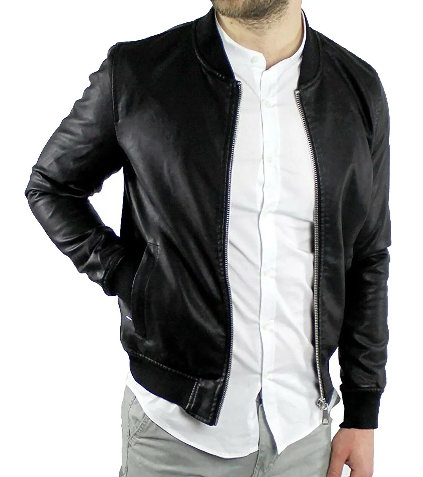 Giacca giubbotto uomo in ecopelle College nero casual giubbino bomber