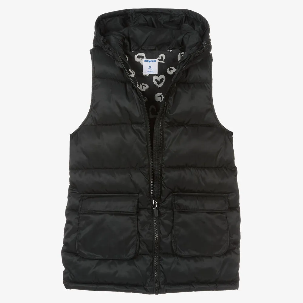 Girls Black Hooded Gilet Jacket