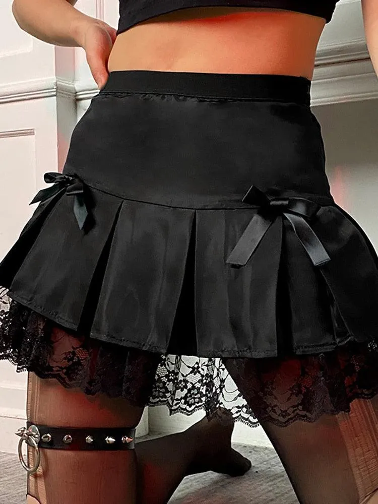 Goth Dark Lace High Waist Pleated Mini Skirt