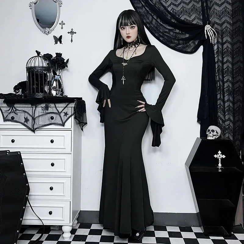 Gothic Dark Aesthetic Vintage Elegant Nightclub Long Sleeve High Waist Trumpet Dress