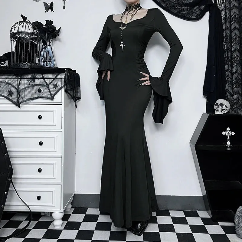 Gothic Dark Aesthetic Vintage Elegant Nightclub Long Sleeve High Waist Trumpet Dress