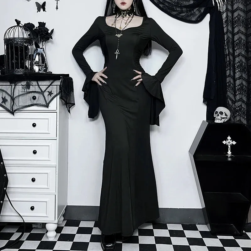 Gothic Dark Aesthetic Vintage Elegant Nightclub Long Sleeve High Waist Trumpet Dress