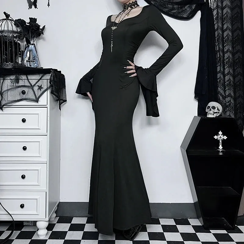 Gothic Dark Aesthetic Vintage Elegant Nightclub Long Sleeve High Waist Trumpet Dress